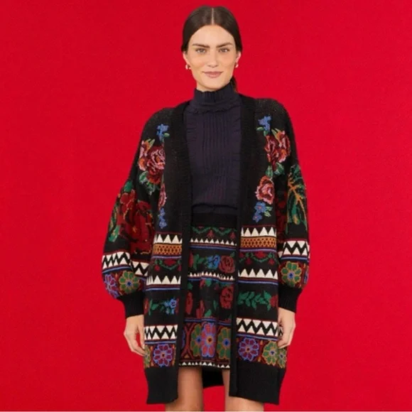 FARM Rio Floral Tapestry Long Cardigan Sweater Oversized Medium Wool Blend - Picture 6 of 17